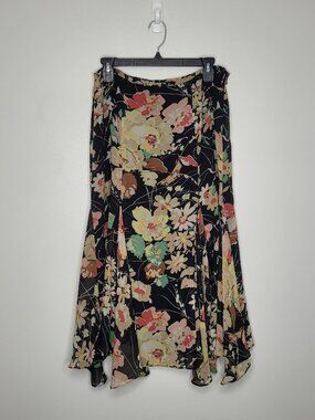 Chaps Black Multi Floral Asymmetrical watercolor romantic boho midi skirt 10